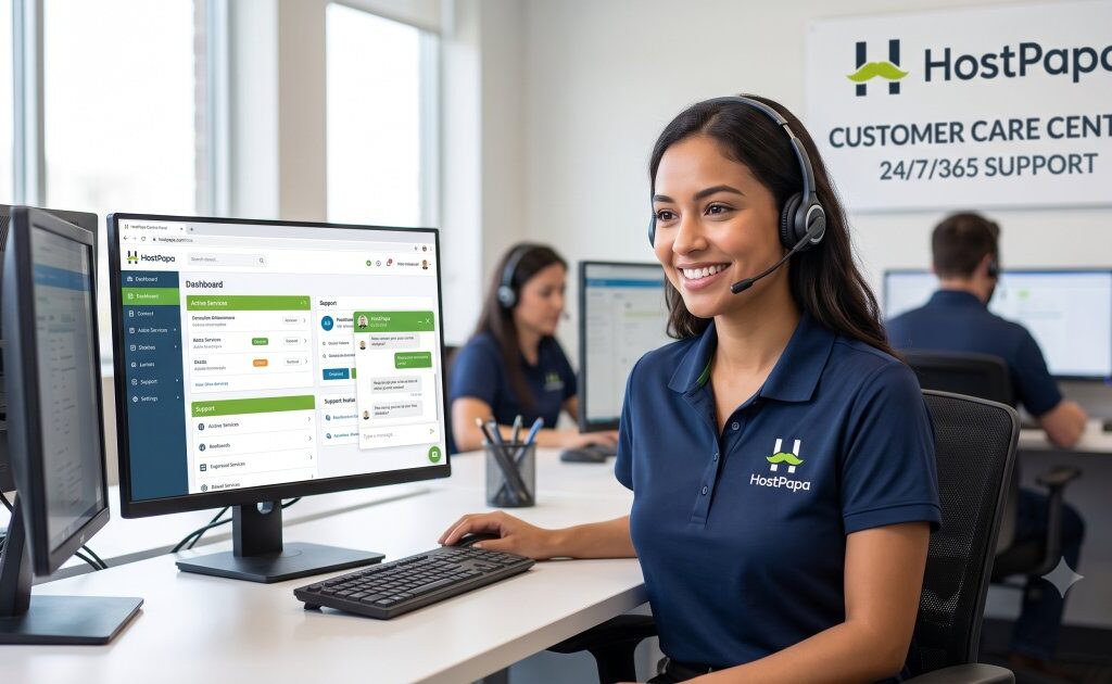 HostPapa customer support agent offering 24/7 technical web hosting assistance.