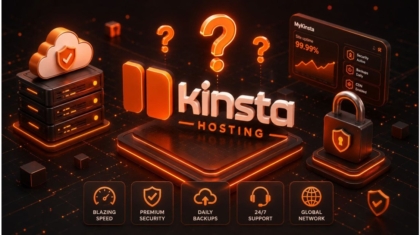 Kinsta Hosting platform with servers, security locks, backups, and performance features