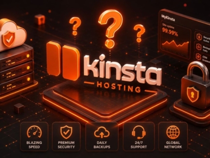 Kinsta Hosting platform with servers, security locks, backups, and performance features