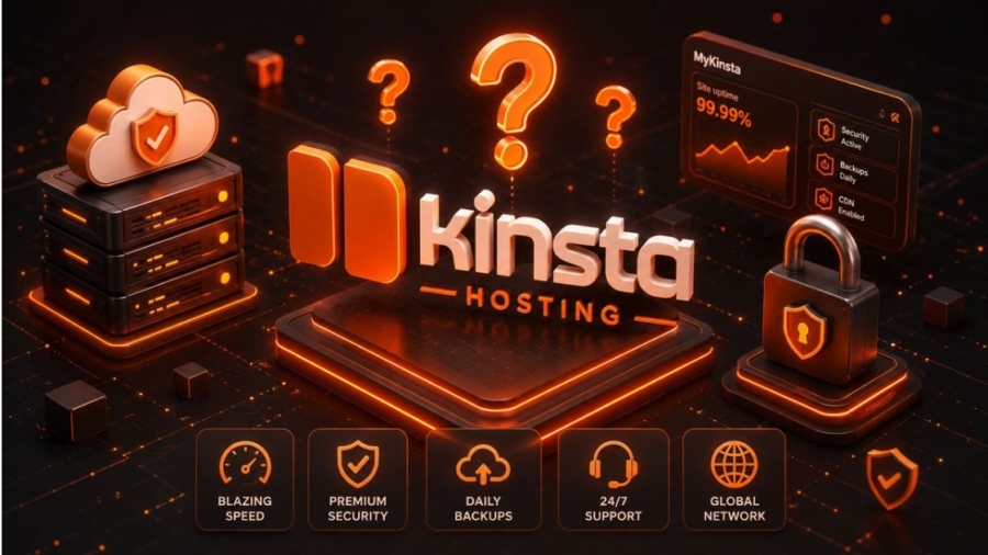 Kinsta Hosting platform with servers, security locks, backups, and performance features