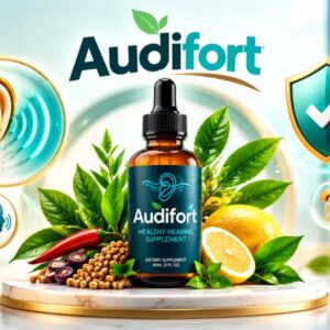 Audifort hearing supplement bottle surrounded by botanical ingredients, ear and brain icons, and security symbols.
