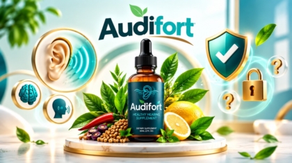 Audifort hearing supplement bottle surrounded by botanical ingredients, ear and brain icons, and security symbols.