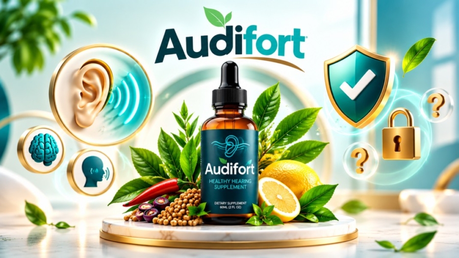 Audifort hearing supplement bottle surrounded by botanical ingredients, ear and brain icons, and security symbols.