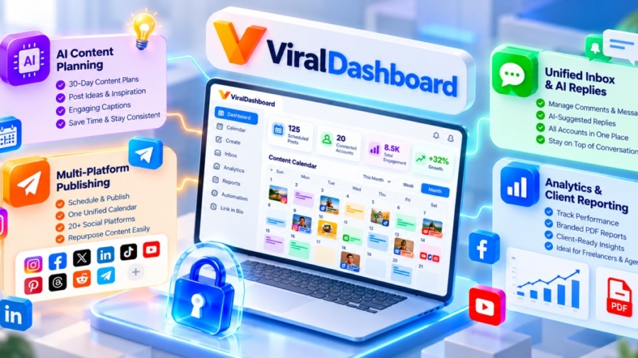 ViralDashboard social media management dashboard with AI content planning, multi-platform publishing, unified inbox and analytics tools.